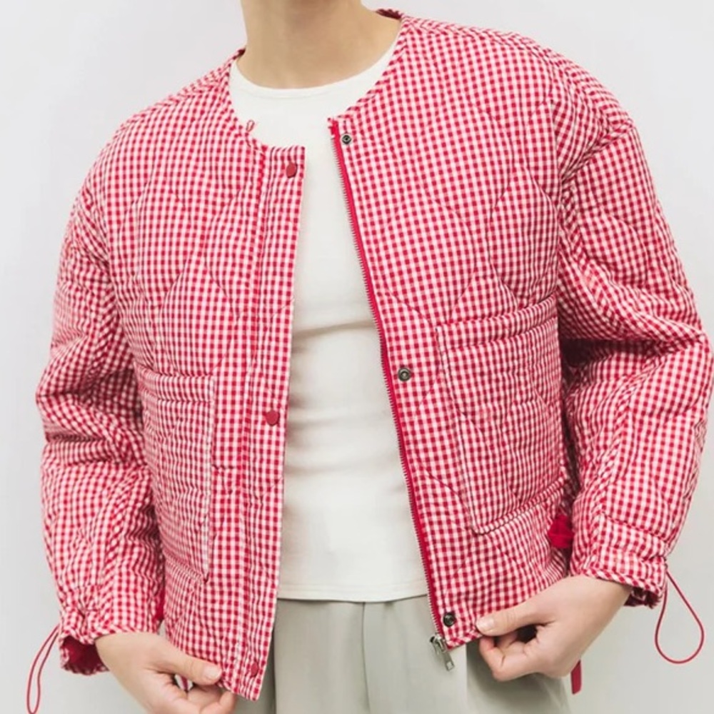 Quilted Red Gingham Jacket - Women's Casual Coat